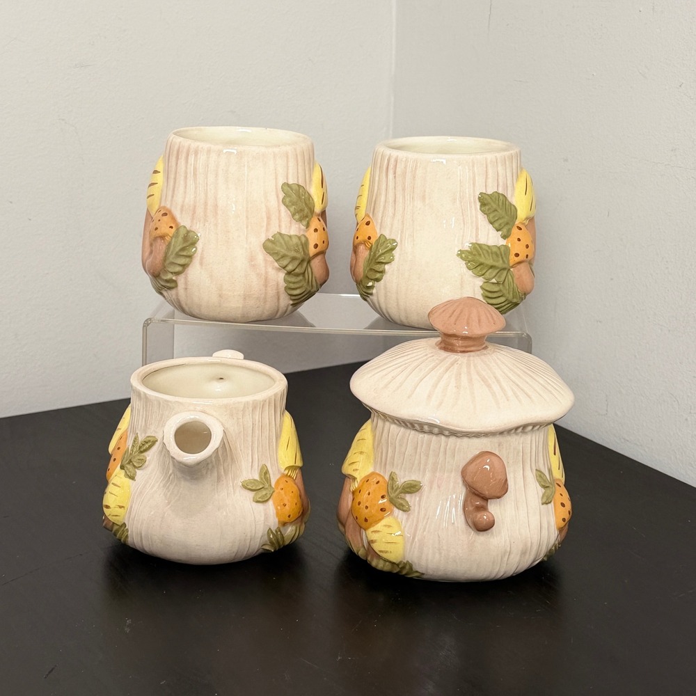 Vintage Arnels Mushroom Ceramic Set Mugs Creamer Sugar Bowl Retro 70s Pottery - Picture 4 of 12